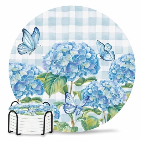 Coasters Set of 6 Hydrangea Flower Drink Coasters with Holder Absorbent Stone Ceramic Cup Mat Summer Blue Butterfly Buffalo Plaid Coaster for Drinks C