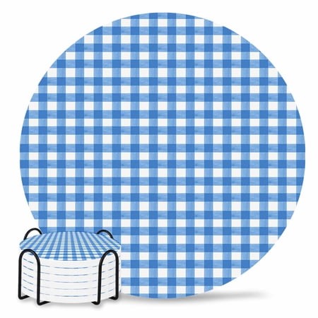 Coasters Set of 6 Blue Check Buffalo Plaid Drink Coasters with Holder Absorbent Stone Ceramic Cup Mat Pastoral Checkered Coaster for Drinks Coffee Bar