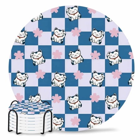 Coasters Set of 6 Lucky Cat Drink Coasters with Holder Absorbent Stone Ceramic Cup Mat Cherry Blossoms Blue Check Buffalo Plaid Coaster for Drinks Cof