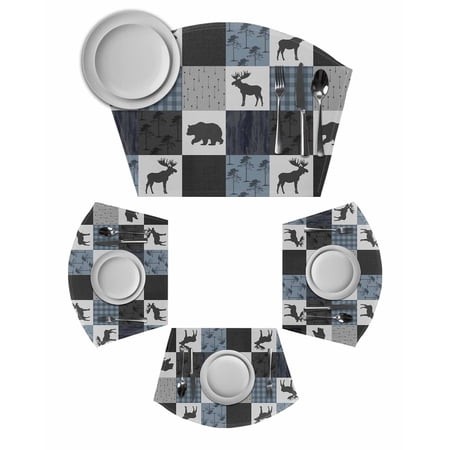 Blue Cabin Check Round Placemats Set of 6  Rustic Bear Elk Farmhouse Buffalo Plaid Placemats for Round Dining Table Shape Wedge Placemats for Outdoor 