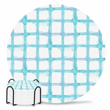 Coasters Set of 6 Blue Teal Buffalo Plaid Drink Coasters with Holder Absorbent Stone Ceramic Cup Mat Check Striped Coaster for Drinks Coffee Bar Offic