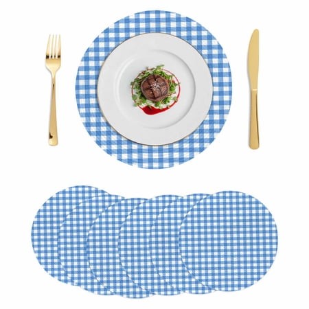 Blue Round Placemats Set of 6 Country French Rustic Buffalo Plaid Modern Art Place Mats Indoor Woven Table Mats Washable Heat-Resistance Braided Dinin