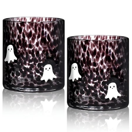 ACDANC 2026 New 2 Pcs 14 Oz Halloween Glass Cups Hand Blown Drinking Cups with Cute Spooky Ghost Patterns Black Dot Decoration for Halloween Party Gif