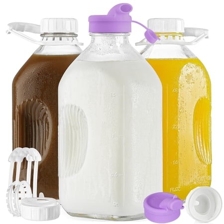 3 Pack 64 Oz Heavy Duty Glass Milk Bottle with 2 Silicone Spouts 4 Handles and 4 Reusable Airtight Screw Lids 2 Qt Water 2 Exact Scale Lines - & Juice