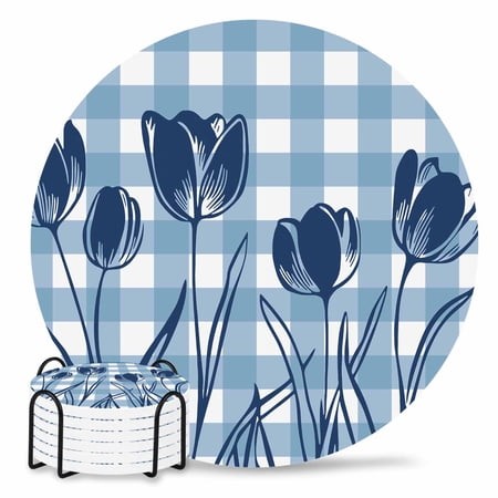 Coasters Set of 6 Blue Tulip Flowers Drink Coasters with Holder Absorbent Stone Ceramic Cup Mat Floral Buffalo Plaid Coaster for Drinks Coffee Bar Off