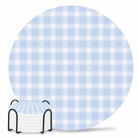 Coasters Set of 6 Buffalo Plaid Drink Coasters with Holder Absorbent Stone Ceramic Cup Mat Blue Classic Checked Coaster for Drinks Coffee Bar Office K