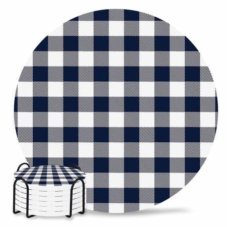 Coasters Set of 6 Buffalo Plaid Dark Blue Check Drink Coasters with Holder Absorbent Stone Ceramic Cup Mat Farmhouse Style Coaster for Drinks Coffee B