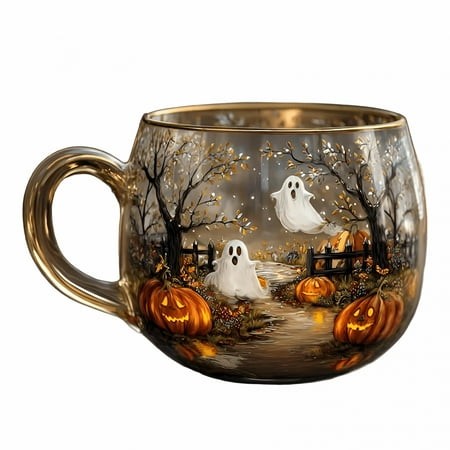 ACDANC 2026 New Haunted Path Halloween Mug Horror-Themed Glass Coffee Mug Features Ghost and Pumpkin Designs Making It a Perfect Choice for Halloween 