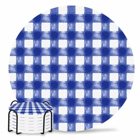 Coasters Set of 6 Buffalo Check Watercolor Drink Coasters with Holder Absorbent Stone Ceramic Cup Mat Blue White Plaid FarmHouse Coaster for Drinks Co