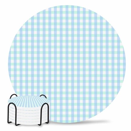 Coasters Set of 6 Buffalo Plaid Blue Drink Coasters with Holder Absorbent Stone Ceramic Cup Mat Classic Checked Coaster for Drinks Coffee Bar Office K