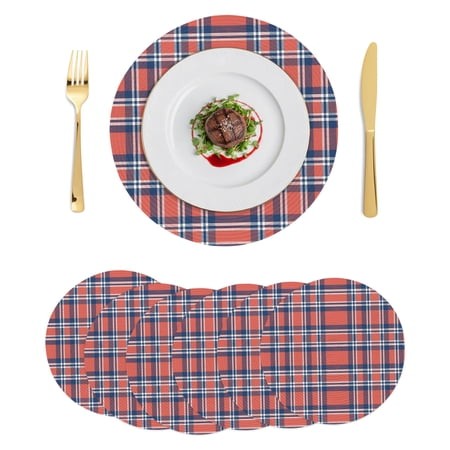 Orange Blue Round Placemats Set of 6 British Style Buffalo Plaid Lattice Place Mats Indoor Woven Table Mats Washable Heat-Resistance Braided Dining Ta