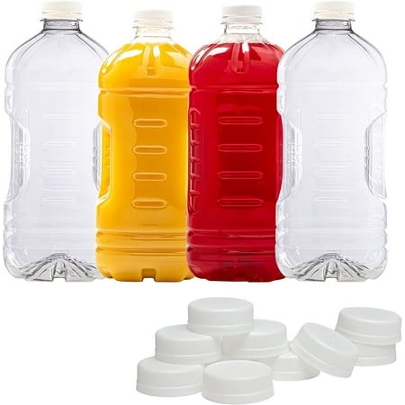 (4 Count) Disposable Plastic Juice Bottles | 64 Oz with Lids - Half Gallon Liquid Leak Proof BPA-Fee Water Bottle for Milk Tea Lemonade and More