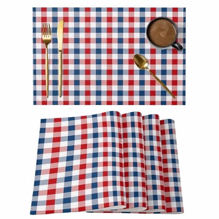 Table Placemats Set of 6 Red Blue White Buffalo Tartan Lattice Non-Slip Kitchen Dining Tables Place Mat 4th of July Independence Day Washable Table Ma
