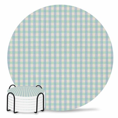 Coasters Set of 6 Buffalo Plaid Drink Coasters with Holder Absorbent Stone Ceramic Cup Mat Blue Linen Classic Checked Coaster for Drinks Coffee Bar Of