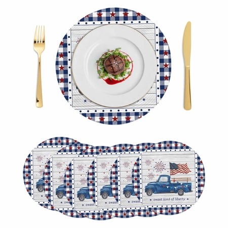 Independence Day Round Placemats Set of 6 Blue Fireworks Flag Star Buffalo Plaid Place Mats Indoor Woven Table Mats Washable Heat-Resistance Braided D