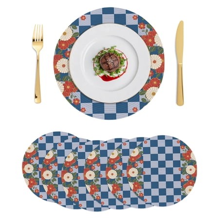 Blue Plaid Round Placemats Set of 6 Japanese Red Floral Flowers Buffalo Check Place Mats Indoor Woven Table Mats Washable Heat-Resistance Braided Dini