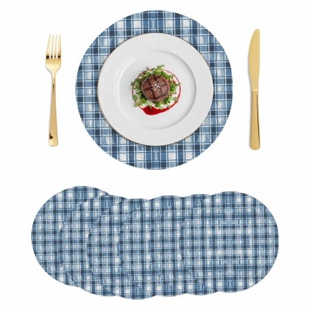 Blue Plaid Round Placemats Set of 6 Modern Simple Watercolor Buffalo Lattice Place Mats Indoor Woven Table Mats Washable Heat-Resistance Braided Dinin