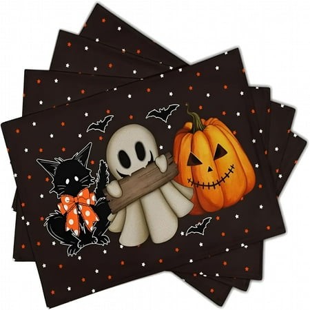 ACDANC 2026 New 4Pcs Star Ghost Pumpkin Cat Boo Halloween Placemats Set 12X18 Inch Seasonal Fall Table Mats for Party Kitchen Dining Decoration