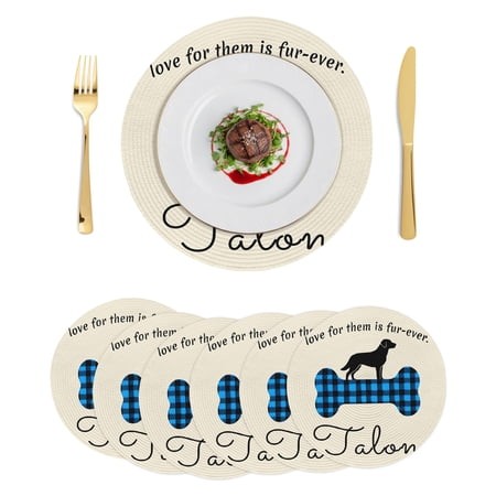 Blue Black Buffalo Checkered Round Placemats Set of 6 Bones Cute Dogs Pets Place Mats Indoor Woven Table Mats Washable Heat-Resistance Braided Dining 
