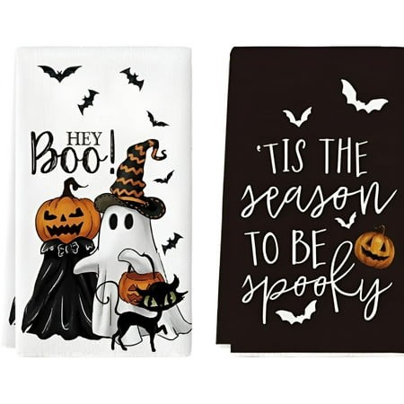 AUQ 2026 New Ghost Pumpkins Bats Cat Hey Boo Halloween Kitchen Towels Dish Towels 18X26 Inch Seasonal Decoration Hand Towels Set of 2 Halloween Towels