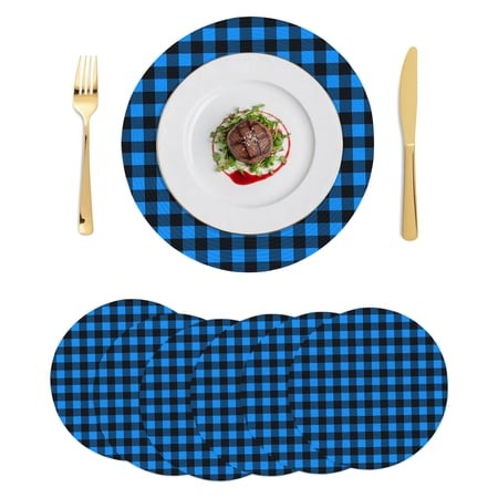 Black Blue Plaid Round Placemats Set of 6 Country Buffalo Checked Gingham Place Mats Indoor Woven Table Mats Washable Heat-Resistance Braided Dining T