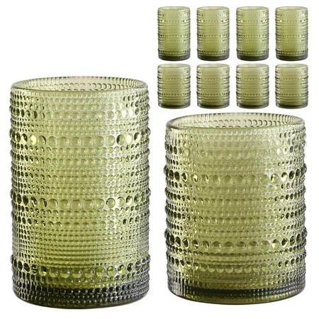Vintage Hobnail Drinking Glasses Set of 8  Colored 12 Oz and 15 Oz Highball Cups  Embossed Water Tumblers for Beer  Cocktail  Whiskey  Juice  and Mixe