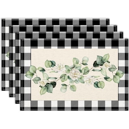 Eucalyptus Leaves Placemat Set of 6  12x18 Inch Seasonal Summer Sage Blue Buffalo Plaid Table Mats Spring Themed Place Mats Rustic Table Decoration fo