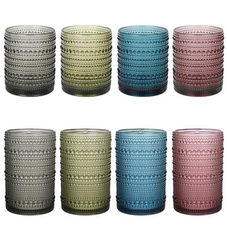 Vintage Hobnail Drinking Glasses Set of 8  Colored 12 Oz and 15 Oz Highball Cups  Embossed Water Tumblers for Beer  Cocktail  Whiskey  Juice  and Mixe
