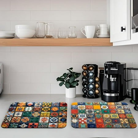 FRKSMD-Mexican Culture Style Tiles Dish Drying Mat for Kitchen Counter 2 Pack Artistic Mosaics Absorbent Draining Pad  Non-Slip Coffee Bar Mats for Co