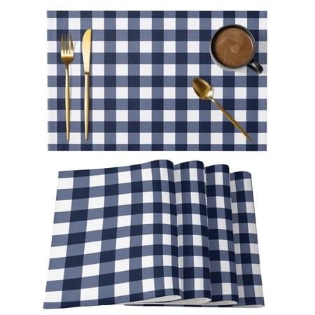 Table Placemats Set of 6 Blue and White Checkerboard Non-Slip Kitchen Dining Tables Place Mat Stripe Buffalo Plaid Washable Table Mats for Home Dinner