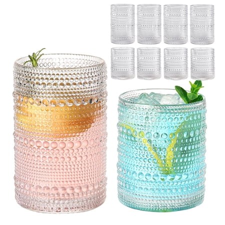 Vintage Hobnail Drinking Glasses Set of 8  Colored 12 Oz and 15 Oz Highball Cups  Embossed Water Tumblers for Beer  Cocktail  Whiskey  Juice  and Mixe
