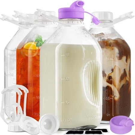 4 Pack 64 Oz Heavy Duty Glass Milk Bottle with 1 Silicone Spout and 5 Reusable Airtight Screw Lid 2 Qt Water 2 Exact Scale Lines - Milk/juice Jug Pitc