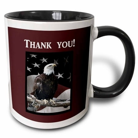 3drose  Bald Eagle on Log with American Flag  Thank You  11oz Two-tone Black Mug