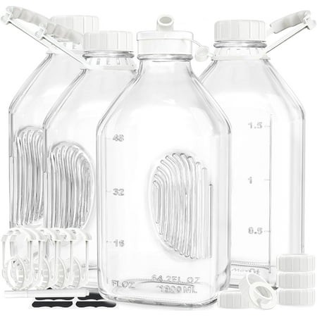 4 Pack 2 Qt Glass Milk Bottles with Handle and Airtight Reusable Screw Lids  1/2 Gal Glass Water & Juice Bottles  64 Oz Milk Jug Pitcher W Scale