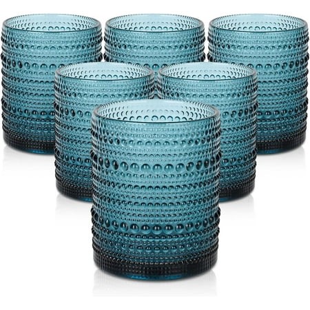 Vintage Glassware Drinking Glasses Set of 6 12 Oz Hobnail Glass Cups Embossed Blue Water Tumbler for Beer Cocktail Whiskey Juice and Various Mixed Dri