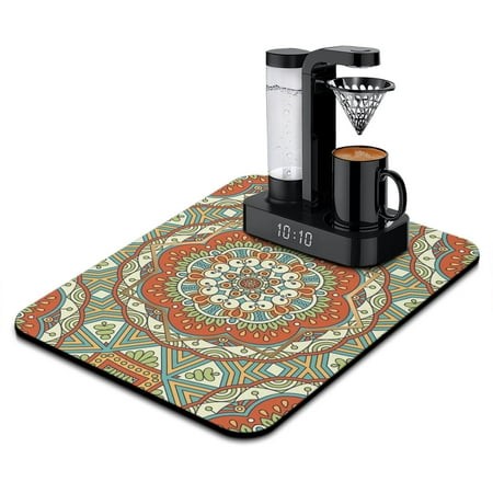 Abstract Ornamental Mandala Dish Drying Mat  Vintage Traditional Mandala Absorbent Coffee Bar Mat  Exotic Cultural Kitchen Counter Protector