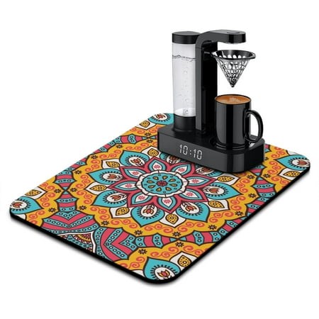 Vintage Traditional Mandala Dish Drying Mat  Exotic Cultural Mandala Absorbent Coffee Bar Mat  Abstract Ornamental Kitchen Counter Protector