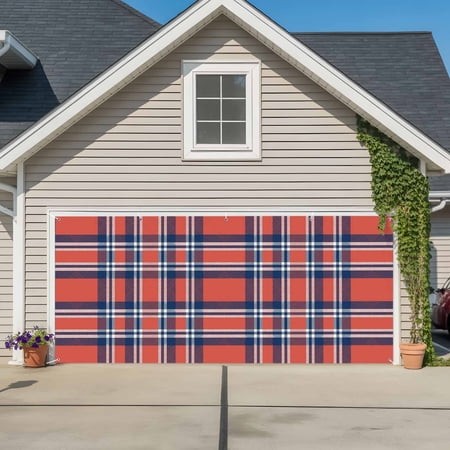 Orange Blue Garage Door Cover Banner 6 X 13 FT  British Style Buffalo Plaid Lattice Garage Door Curtains Backdrop with Grommets for Indoor Outdoor Wal