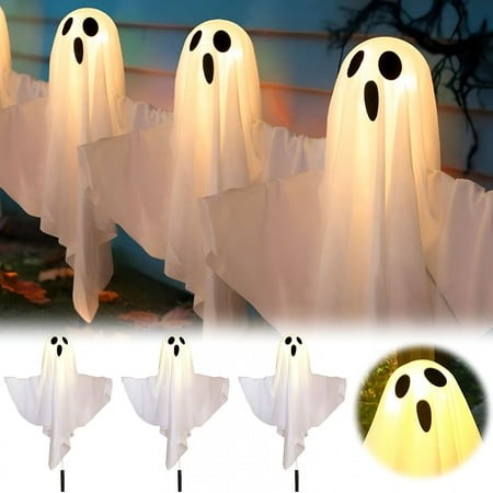 HIBIBUD 2026 New 3Pc Solar Ghost Lights Outdoor - Halloween Decorations for Yard Garden Pathway - Waterproof Solar Powered Halloween Lights for Haunte
