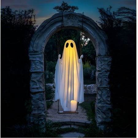 BESTSKY 2026 New 5Ft Large Hanging Swing Ghost Halloween Decoration with String Lights Timed Function 13Ft Adjustable Halloween Outdoor Decor Yard