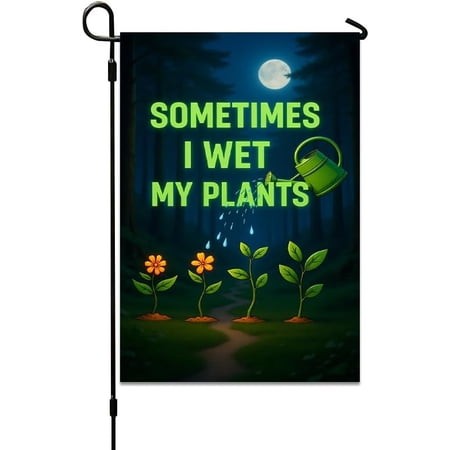 Double-Sided Glowing Forest Path Garden Flag with Watering Can  Moonlit Night Print  12x18 Inch  Outdoor Yard Patio Mailbox Decor
