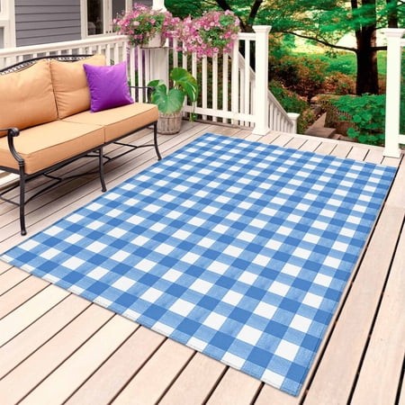 Blue Outdoor Rug for Patio/Deck/Porch  Non-Slip Large Area Rug 6 X 9 Ft  Country French Rustic Buffalo Plaid Modern Art Indoor Outdoor Rugs Washable A