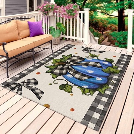 Polka Dot Blue Pumpkins Outdoor Rug for Patio/Deck/Porch  Non-Slip Large Area Rug 6 X 9 Ft  Autumn Leaves Bow Buffalo Plaid Indoor Outdoor Rugs Washab