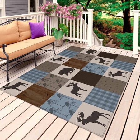 Blue Checkered Cabin Outdoor Rug for Patio/Deck/Porch  Non-Slip Large Area Rug 6 X 9 Ft  Farmhouse Forest Brown Buffalo Plaid Indoor Outdoor Rugs Wash