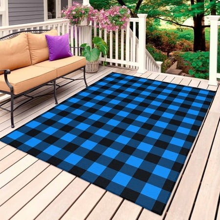 Black Blue Plaid Outdoor Rug for Patio/Deck/Porch  Non-Slip Large Area Rug 6 X 9 Ft  Country Buffalo Checked Gingham Indoor Outdoor Rugs Washable Area
