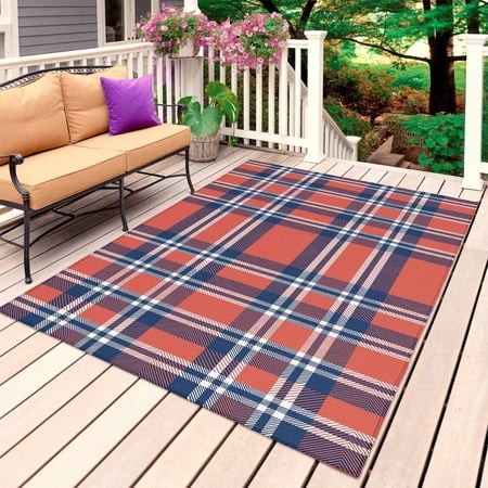 Orange Blue Outdoor Rug for Patio/Deck/Porch  Non-Slip Large Area Rug 6 X 9 Ft  British Style Buffalo Plaid Lattice Indoor Outdoor Rugs Washable Area 