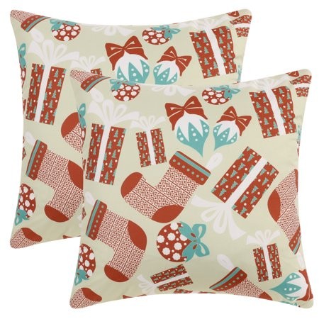 Unique Bargains Set of 2 Christmas Printed Throw Pillow Covers Velvet Cushion Covers Beige Red 18  X 18