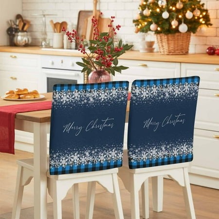 Merry Christmas Chair Covers Set of 6 Modern Snowflakes Buffalo Plaid Navy Blue Chair Back Covers Stretch Removable Washable Slipcovers Protector for 
