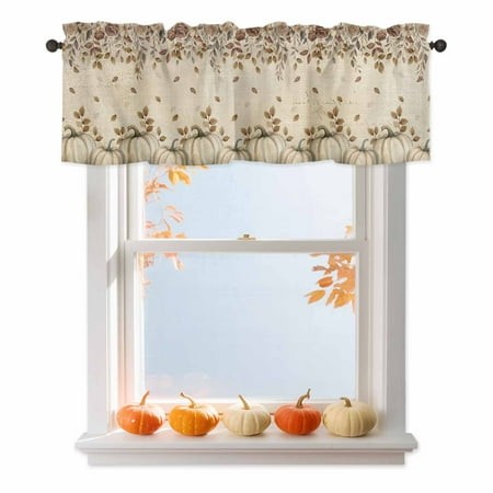 White Pumpkin Valances for Windows  54 X 18in  Fall Thanksgiving Rose Leaf Vintage Linen Rod Pocket Kitchen Valance Curtain Light Filtering Window Tre