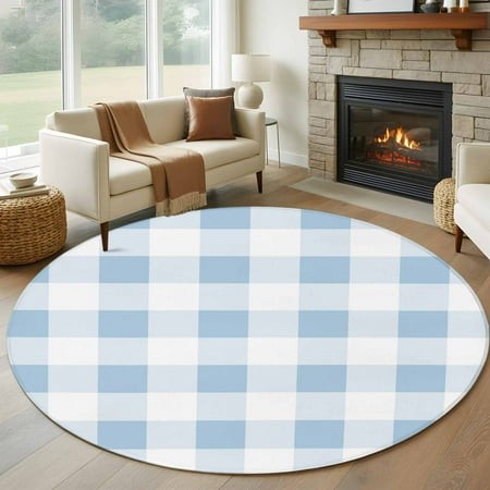 Blue Checkered Round Area Rug 6 FT  Non Slip Bedroom Area Rug  Blue White Buffalo Plaid Washable Soft Circular Carpet Non-Shedding Floor Mat for Kitch